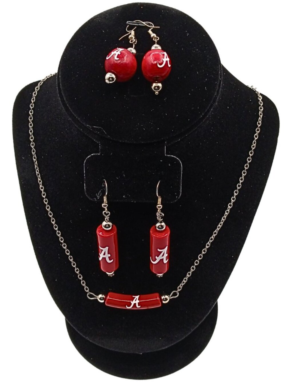 Elegant 5 Piece Sports Necklace & Earrings Set Red, with the Script Letter "A"